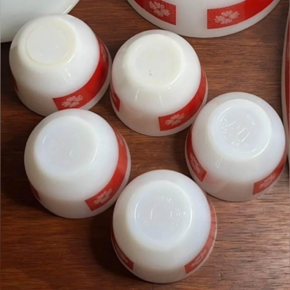 MCM Red Gingham Pudding Set by Federal Glass Co, Milk Glass